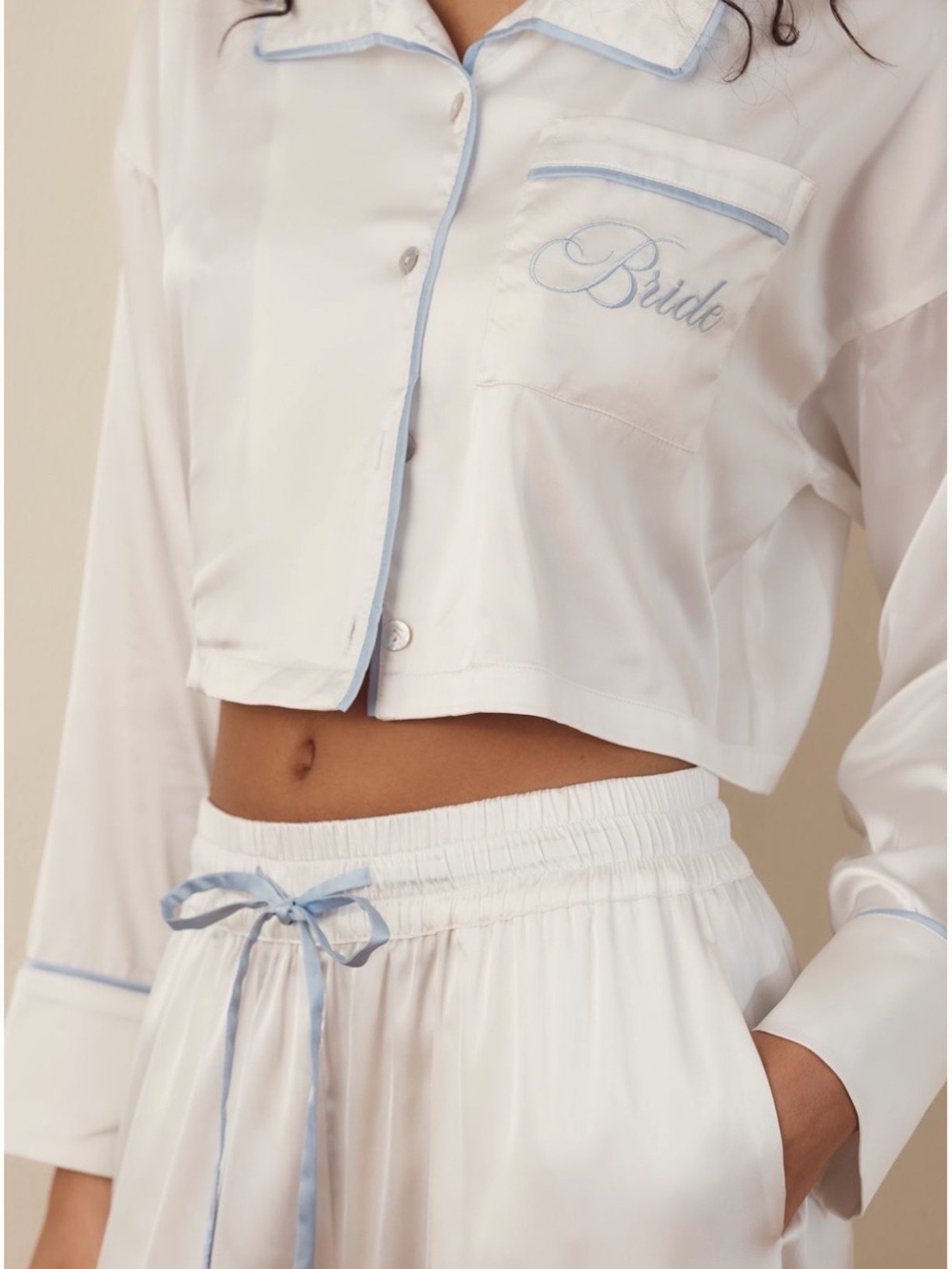 Anthropologie Bride Embroidered White Satin Pajama Set with Blue Trim